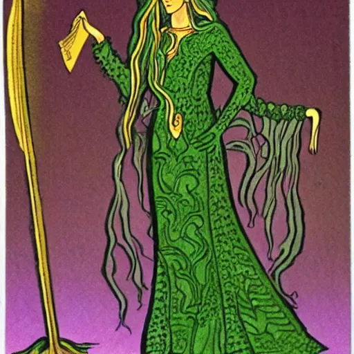 Prompt: The Goddess Asherah standing outside the gates to the emerald city on planet Oz surounded by Elves