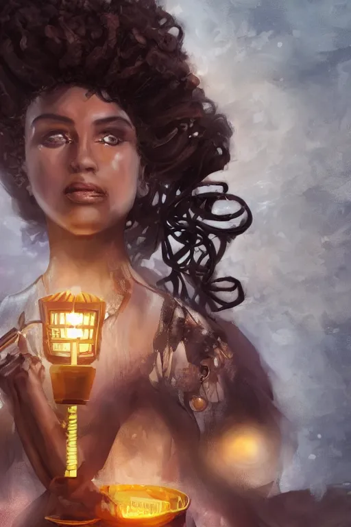 Prompt: Stunning concept art portrait of goddess with gorgeous afro holding a glowy lamp, highly detailed afrofuturism style, evening ambience, sharp, well focused, volumetric soft lighting, artstation HD, 8K