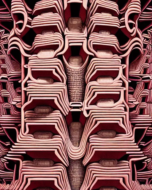 Prompt: detailed realistic architectural painting of hundreds of alien mandelbulb gates stacked like jenga made of carved out ivory shades of red by mc escher