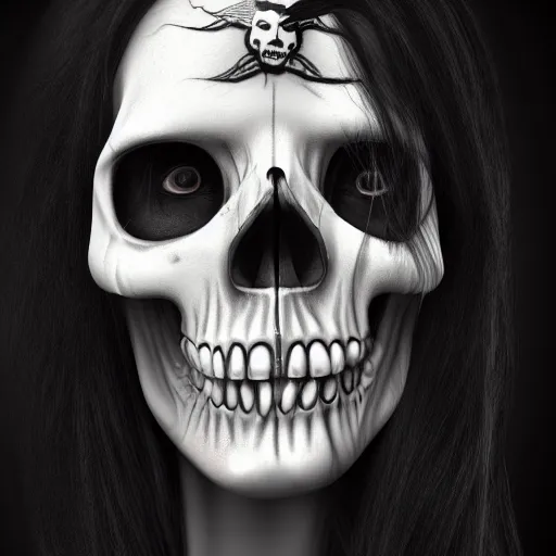 Prompt: portrait of skull with long black hair, 4k ultra hd, fantasy dark art