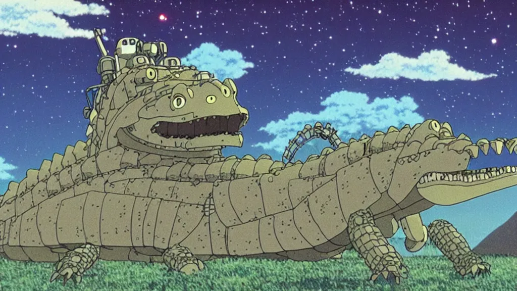 Prompt: a movie still from a studio ghibli film showing a giant mechanized crocodile from howl's moving castle ( 2 0 0 4 ). a pyramid is under construction in the background, in the rainforest on a misty and starry night. a ufo is in the sky. by studio ghibli