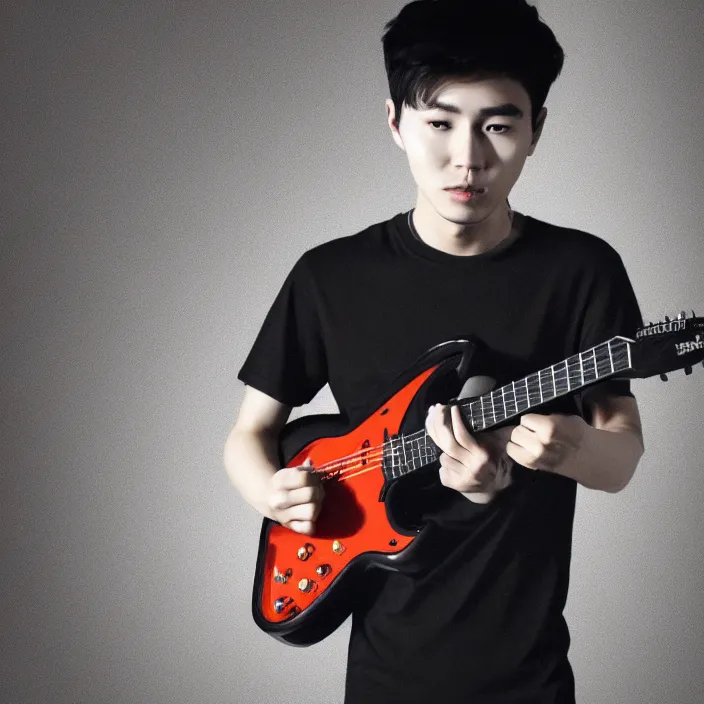 Image similar to a young korean man wearing black t shirt holding an electric guitar!!, dark background, huge brush strokes, dramatic smoke everywhere, matte colors, dramatic brush strokes, abstract, trending on artstation