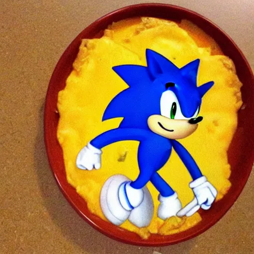 Image similar to Oops, Sonic the Hedgehog ate too much Mac and Cheese! He might explode! Run! Morbidly obese sonic eating way too much Mac N Cheese.