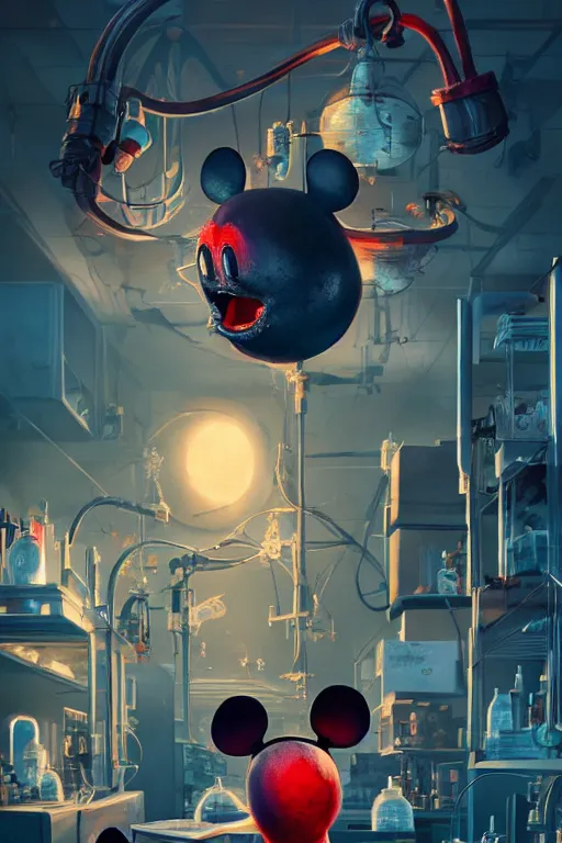 Image similar to bloody mickey mouse head lifted by claw, it is being fixed by few mechanics / workers in lab facility, made by beeple, cgsociety, artgerm, greg rutkowski, highly detailed intricate 4 k art, low light cinematic, octane render, unreal engine,