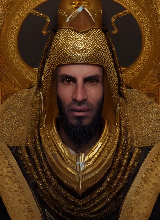 Image similar to portrait of sheikh ruler of dubai, ogre, troll, djinn, head and torso only, cinematic lighting, studio quality, smooth render, unreal engine 5 rendered, octane rendered, art style by klimt and nixeu and ian sprigger and wlop and krenz cushart.