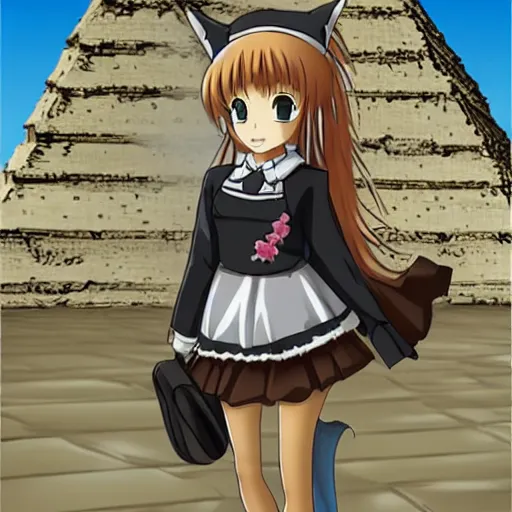 Image similar to anime archaeologist catgirl wearing a maid outfit exploring the eqyptian tombs inside the pyramids