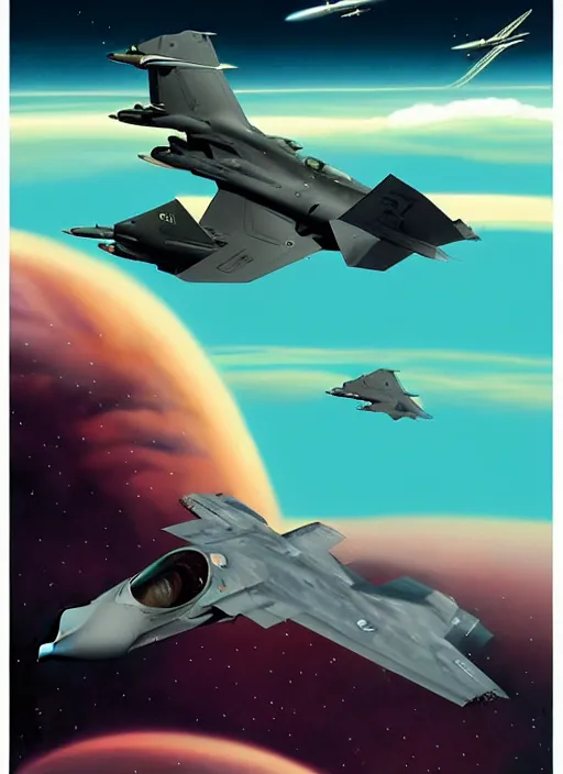 Image similar to poster artwork by michael whelan and tomer hanuka, a portrait, f 3 5 jets dogfighting in the clouds of jupiter, clean