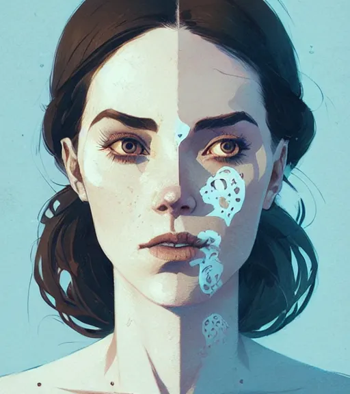 Image similar to portrait of a woman raised on the island face tatooes by atey ghailan, by greg rutkowski, by joe fenton, by kaethe butcher, dynamic lighting, gradient light blue, brown, blonde cream and white color scheme, grunge aesthetic