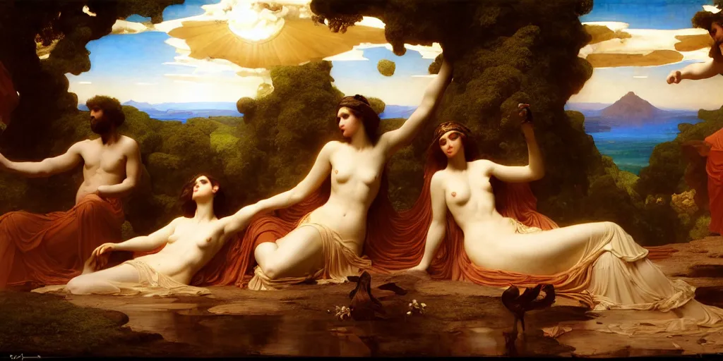 Image similar to an oasis in the middle of the desert, by Frederic Leighton and Daniel Maclise and Rolf Armstrong and Evelyn De Morgan and Bastien Lecouffe-Deharme, dutch golden age, dramatic lighting, high contrast colors, baroque, empyrean, panoramic view, cgsociety, highly detailed, doom engine,