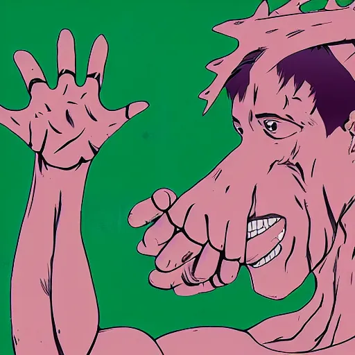 Image similar to portrait of mutant with horn in form of hand, anime, transplanted hand to head, surgery, like bebop, bump in form of hand, growth on head, hippo - man