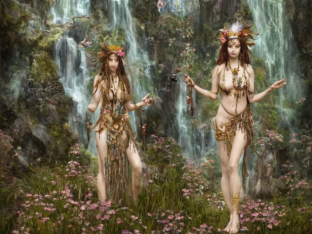 Image similar to a beautiful divine tribal high priestess with feathers and crystals in a lush field of flowers, highly detailed medieval temple with waterfall and deer water nymphs behind her, wide painting by greg rutkowski and hr giger, zbrush, trending on artstation