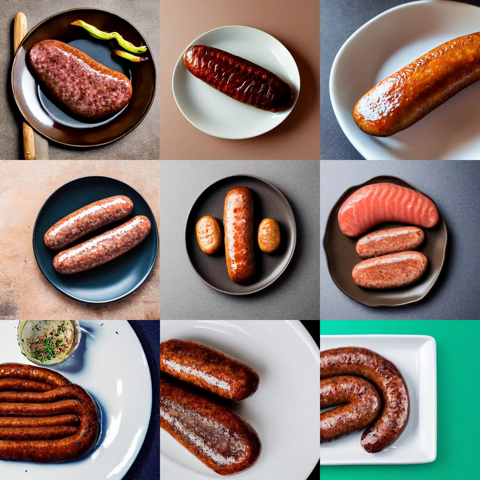 Prompt: a fish shaped brown sausage on a plate, simple stylished icon