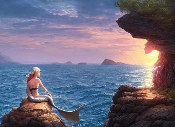 Prompt: a beautiful photo of a mermaid sits on a rock and stares at the island, sunset lighting, fantasy, hyper realistic, 1 0 5 mm, art by artgerm and greg rutkowski