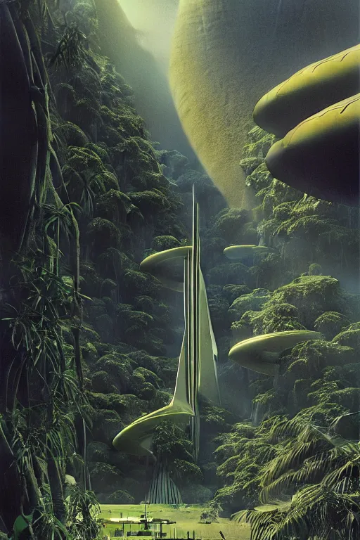 Prompt: emissary space by author haas and bruce pennington and john schoenherr, cinematic matte painting, zaha hadid building in a lush jungle, 8 k, dark color palate