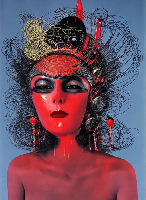 Prompt: an 8 0 s portrait of a woman with dark eye - shadow and red lips with dark slicked back hair, a mask made of wire and beads, dreaming acid - fueled hallucinations, hallucination psychedelic by serge lutens, rolf armstrong, delphin enjolras, peter elson, red cloth background, frilled puffy collar