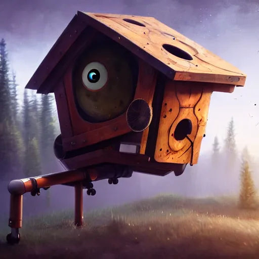 Image similar to a walking wood and metal house with two mechanical legs and two eyes, rust, hyperrealistic, highly detailed, cinematic, single ray of sun, morning, pareidolia, gravity falls style, beautiful, cgssociety, artstation, 8 k, oil painting, digital art