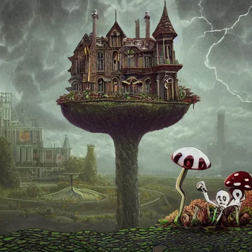 Image similar to A portrait of a scary godlike anthropomorphic frog smoking a cigarette , mansion made of mushrooms in background . award winning. superb resolution. in the art style of junji Ito and greg rutkowski . Detailed Mushroom city in background. Hyper realistic anime. Perfect art. Dalle2