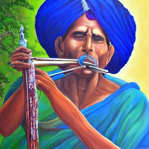 Image similar to a painting of a blue indian man playing a flute, an oil on canvas painting by ram chandra shukla, deviantart, samikshavad, digitally enhanced, beautiful