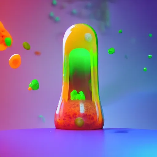 Image similar to lava lamp, gelatinous cute creature inside, happy, playful, vivid, globules, 8 k, octane render