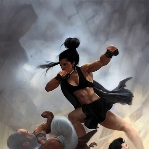 Image similar to an action photo of a black haired woman in a black tank top fighting a man, rocky movie, muscular upper body, abs, d & d, fantasy, intricate, elegant, highly detailed, digital painting, artstation, concept art, smooth, sharp focus, illustration, art by artgerm and greg rutkowski and alphonse mucha