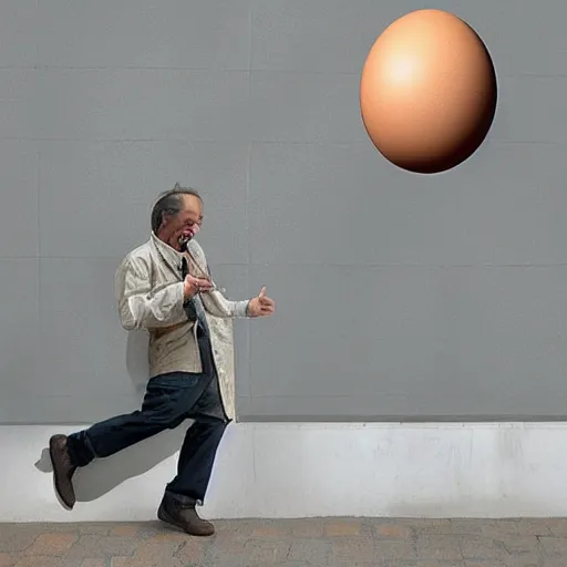 Prompt: a man laughing at a giant egg, in the future, in the style of Bansky