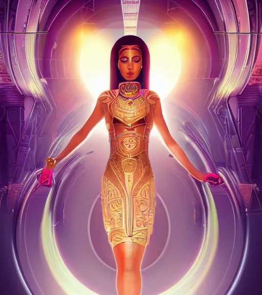 Image similar to symmetry!! egyptian princess of technology, solid cube of light, hard edges, product render retro - futuristic poster scifi, lasers and neon circuits, beautiful brown skin woman egyptian princess, intricate, elegant, highly detailed, digital painting, artstation, concept art, smooth, sharp focus, illustration, dreamlike, art by artgerm