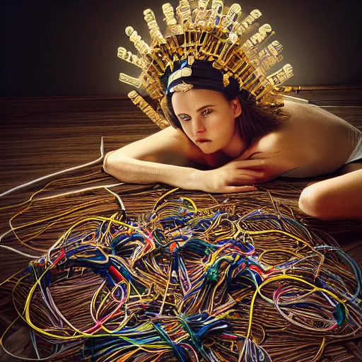 Prompt: tapping in to something greater, piles of modular synth cables, goddess laying down wearing a big headpiece made of circuit boards in a photo shoot for balenziaga, wlop, stanley kubrick, masamune, unique perspective, eastman color, perfect details, trending on artstation, 3 d render, smooth render, wlop