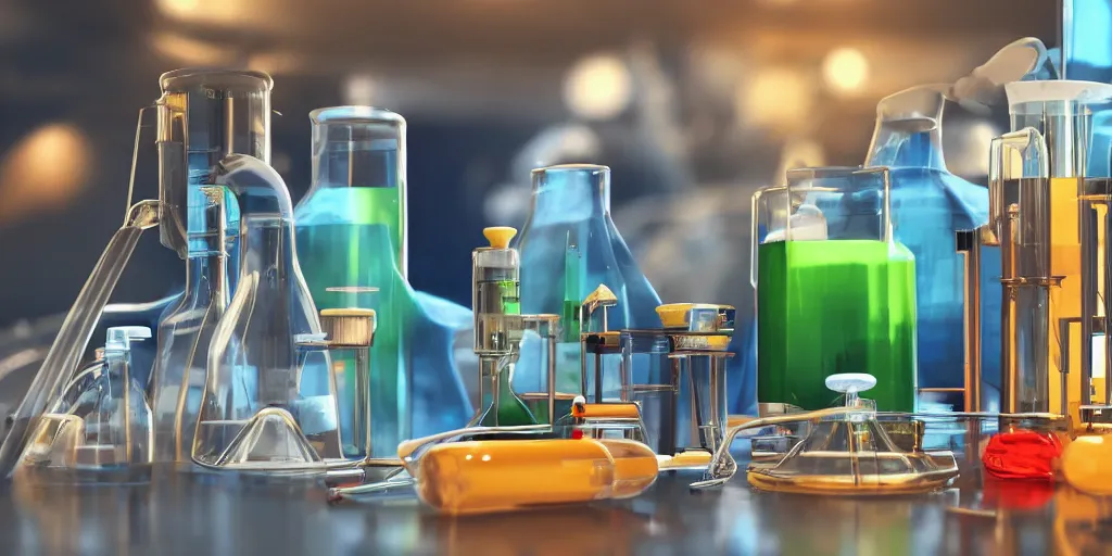 Image similar to instruments being used to mix chemicals, scientist, blender, 3d, apartment