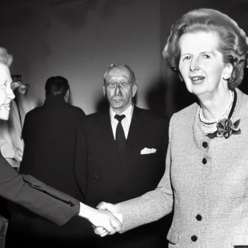 Image similar to Margaret Thatcher shaking hands with Satan in the depths of hell, ultra detailed, ultra intricate, cinematic, 8k,