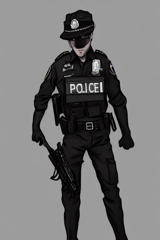 Image similar to police officer posing like super hero, highly detailed, digital art, sharp focus, trending on art station, anime art style