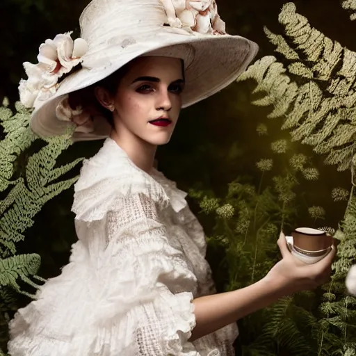 Image similar to on texture paper full body fashion model emma watson smokey eyes makeup eye shadow fantasy, glow, shimmer as victorian woman in a long white frilly lace dress and a large white hat having tea in a sunroom filled with flowers, roses and lush fern flowers ,intricate, night, highly detailed, dramatic lighting , high quality
