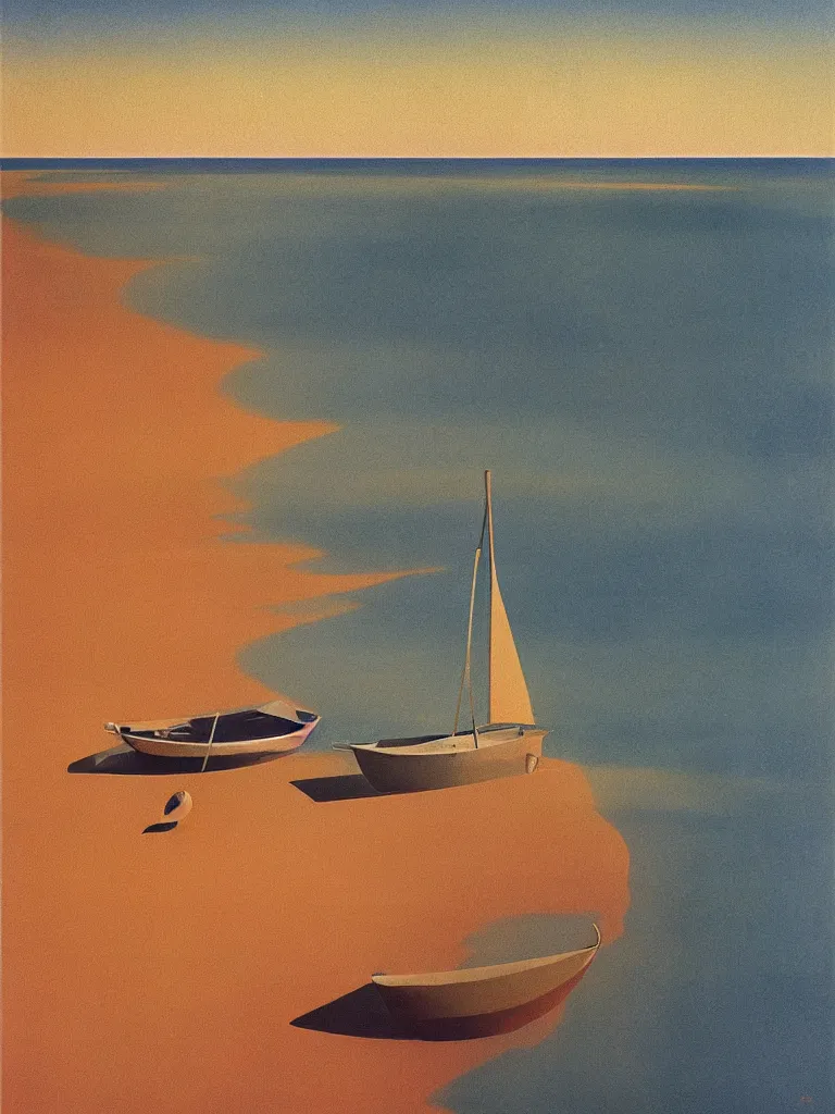 Image similar to a neo retro poster a boat near dune du Pilat, australian tonalism, pale gradients design, matte drawing, clean and simple design, outrun color palette. painted by Morandi, Agnes Pelton