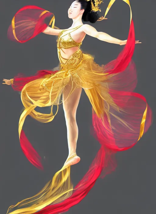 Image similar to full body portrait of a dancer throwing large ribbons, feet, barefoot, full body, vivacious, extremely beautiful, gold jewelry, hanfu, chinese ribbon dance, aerial silk, large flying ribbons, ming dynasty, detailed, realistic face, anatomically accurate, fantasy art, ghostblade, wlop.