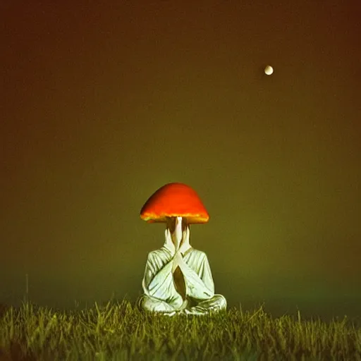 Prompt: photograph taken by a rolleiflex tlr, 1 2 0 mm, portrait, a fly agaric mushroom shaped like a human, meditating, sunset, shot by ryan mcginley, moon in sky, night time