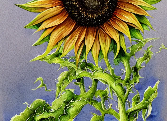 Prompt: a detailed watercolor painting of creepy sunflower mutant vine plant, digital art, trending on artstation, detailed matte painting