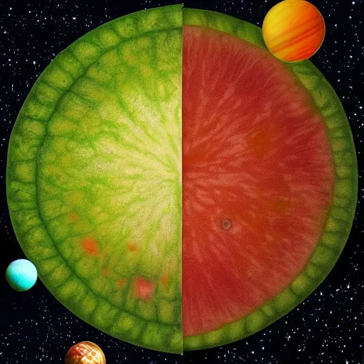 Image similar to a watermelon galaxy, with various colourful planets