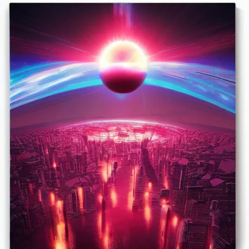 Image similar to adularia, apocalyptic spherical explosion, city, akira art style, pink, red, beams of light, gamma ray beams