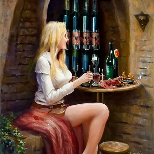 Prompt: (((((Boba Fett))))) and a beautiful young blonde drinking beer in a wine cellar, food, meat, schnapps, torches on the wall, romantic, inviting, cozy, painting by Vladimir Volegov