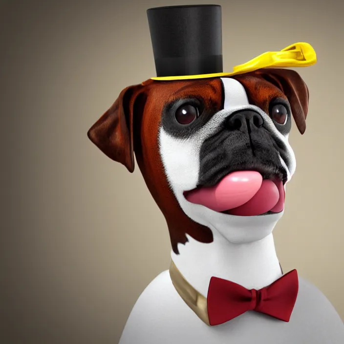 Prompt: 3d render of a boxer dog wearing a top hat and a monocle, blurred background of a fancy house