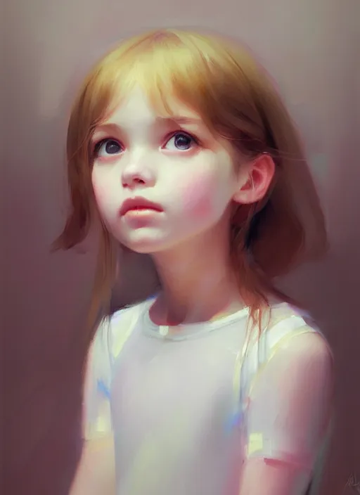 Image similar to realistic tender sweet portrait of a young cute girl, symmetrical eyes, portrait illustration, trending on artstation, characterdesign, sharp focus, illustration, art by ruan jia, ghibli, elena shumilova, leah robinson