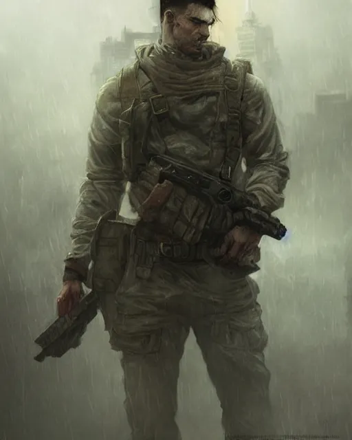 Prompt: battle hardened charismatic man soldier muscular, face centered portrait, confident, ruined cityscape, zombies, fog, rain, volumetric lighting, soft light particles floating near her, illustration, perfectly shaded, soft painting, art by krenz cushart and wenjun lin