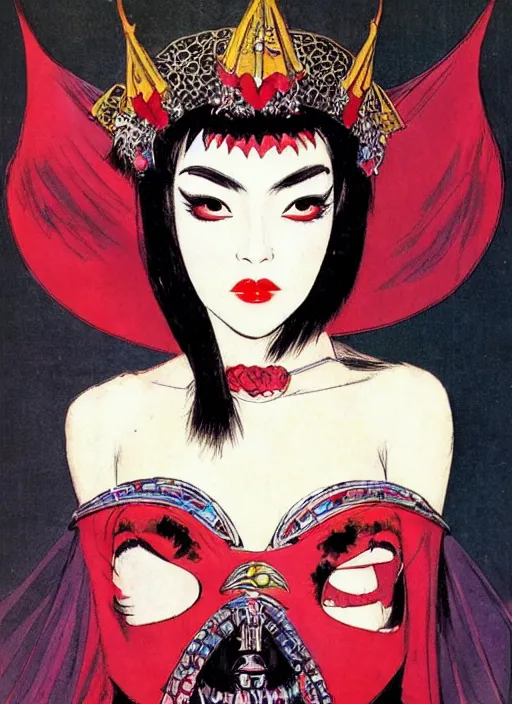 Image similar to mighty female korean vampiress, jeweled headdress, heavy mascara, strong line, saturated color, beautiful! coherent! by frank frazetta, high contrast, minimalism