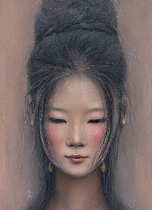 Image similar to a beautiful detailed oil on copper art illustration of a japanese shityome mask woman, the mask is broken, centered, by charlie bowater, zeng fanzh, trending on artstation, dim dusk lighting, cinematic lighting, detailed lighting, volumetric lighting, realistic, f 8, 4 k hd wallpaper