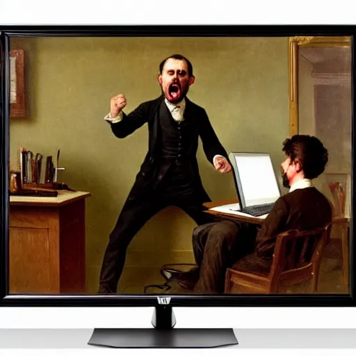 Image similar to an angry man yells at his computer monitor, oil on canvas, 1 8 8 3, highly detailed