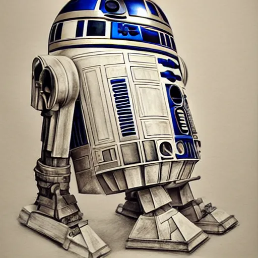 Image similar to hyper realistic pencil drawing of a r2d2 and c3p0, detailed, rim light, diffused, intricate, axe, by anna dittmann