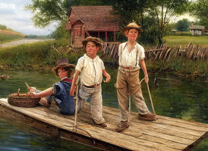 Prompt: tom sawyer and huckleberry finn in a small missouri town in 1 8 7 6, art by bob byerley, oil on canvas