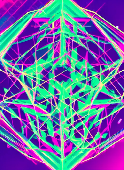 Image similar to A group of hexagonal fractals entangled in 5th dimension breaking the time, in cyberpunk and new retro wave style