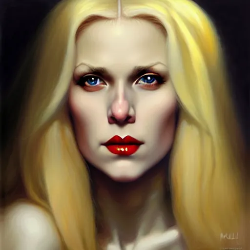 Prompt: close up face of a beautiful blond female VAMPIRE portrait, oil on canvas, artgerm, norman rockwell, craig mulins, trending on pxiv,