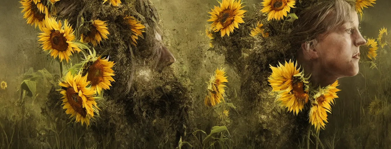 Image similar to old soldiers head being overgrown by sunflowers, broken tank and Krimea in background, dark, eerie, despair, portrait photography, artstation, digital art, adward winning, concept art, artstation, highly detailed, sharp focus, by caravaggio