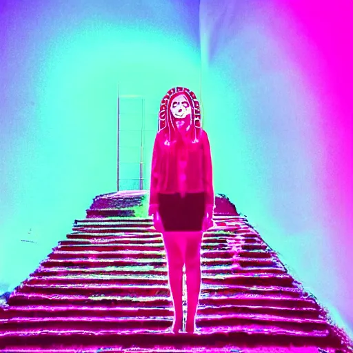 Image similar to a woman standing on steps in a field at night, a hologram by kusama, instagram, optical illusion, full body, ultra hd, neon